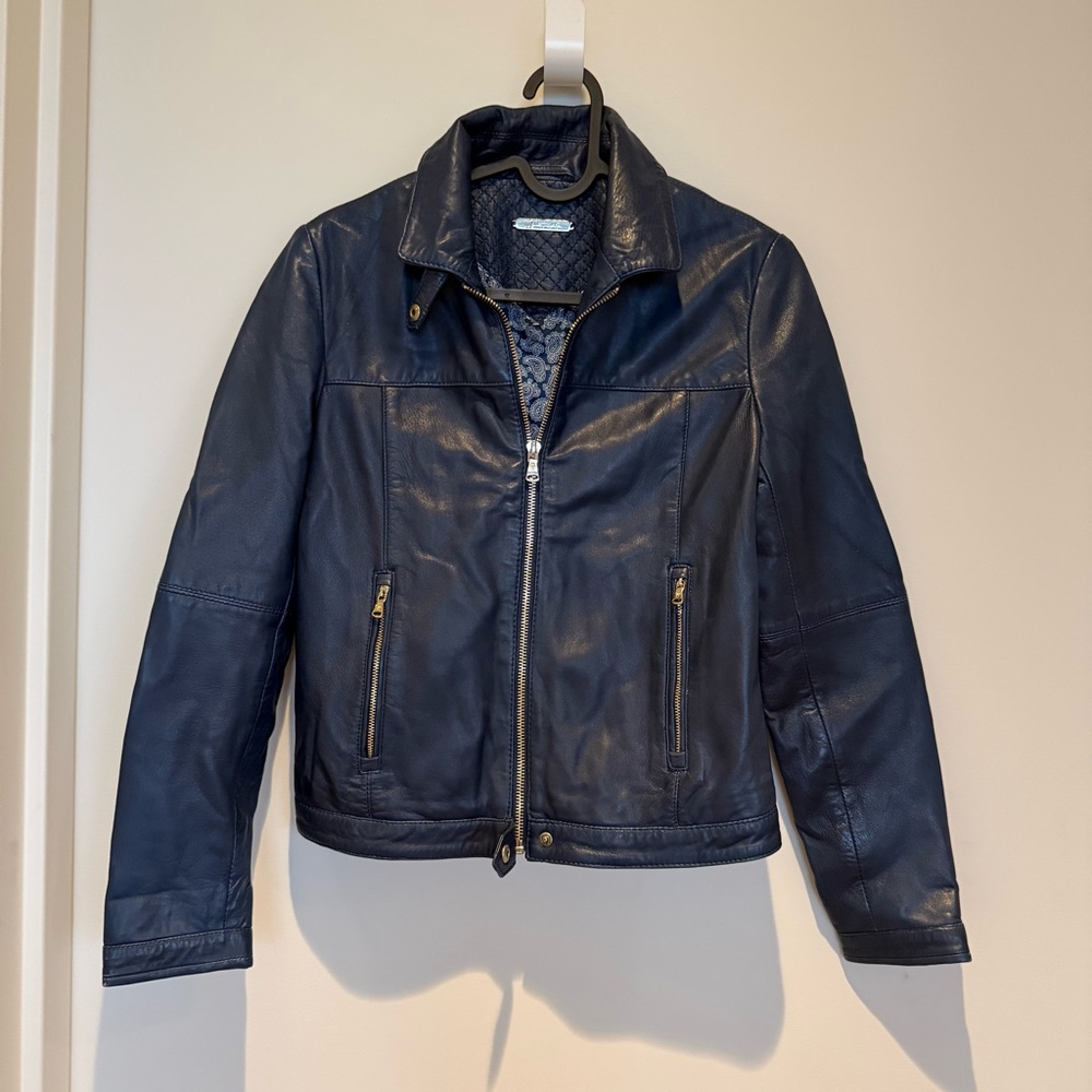 Massimo Dutti Navy Blue Soft Leather Jacket - Women XS